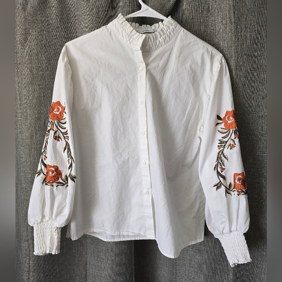 Mango Tops - MNG Mango White Embroidered High Neck Puffer Sleeve Button Up Blouse Size 4